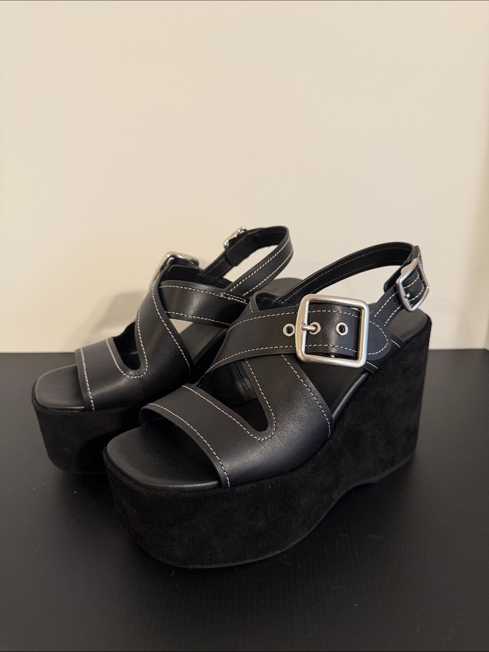 COACH Black Platform Wedge Sandals with Buckles NEW! No tag